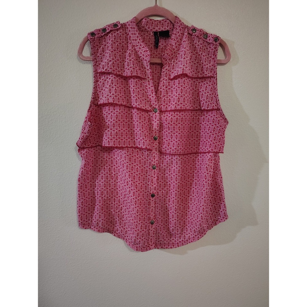 New Directions Petite Pink Ikat Geometric Tiered Ruffle Sleeveless Blouse PXL